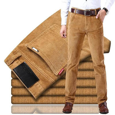 premium corduroy pants for men Cecilio displayed with stylish shirt and belt, illustrating elegance and comfort.