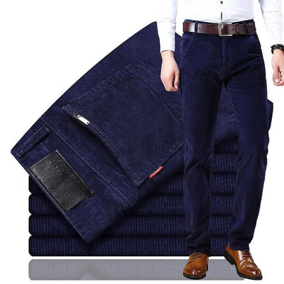 premium corduroy pants for men Cecilio displayed with a model, showcasing style and comfort in a navy color.